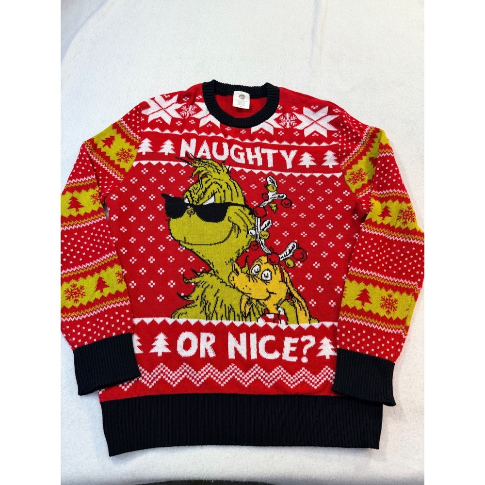 The Grinch Naughty or Nice Christmas Sweater Red Fair Isle Mens XL Dr Seuss
